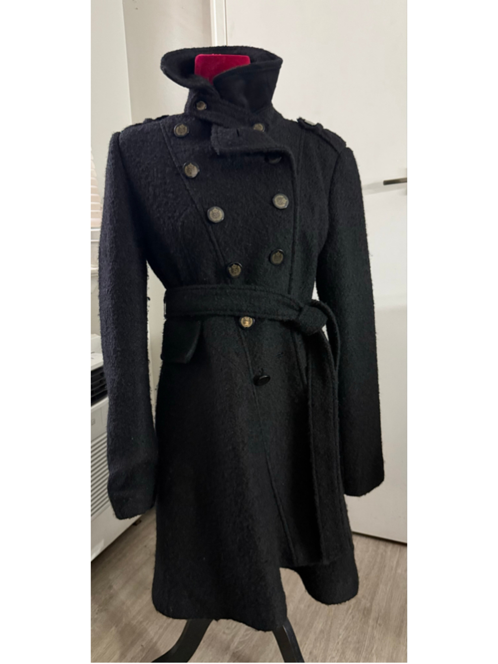 Y2K Guess Los Angeles Black Wool Blend Military Coat Belted Large